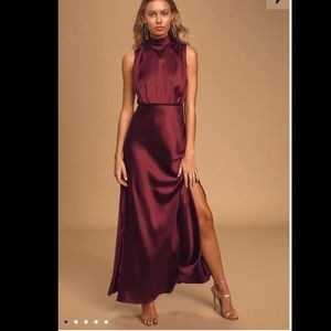 Wine Satin Sleeveless Mock Neck Maxi Dress Small